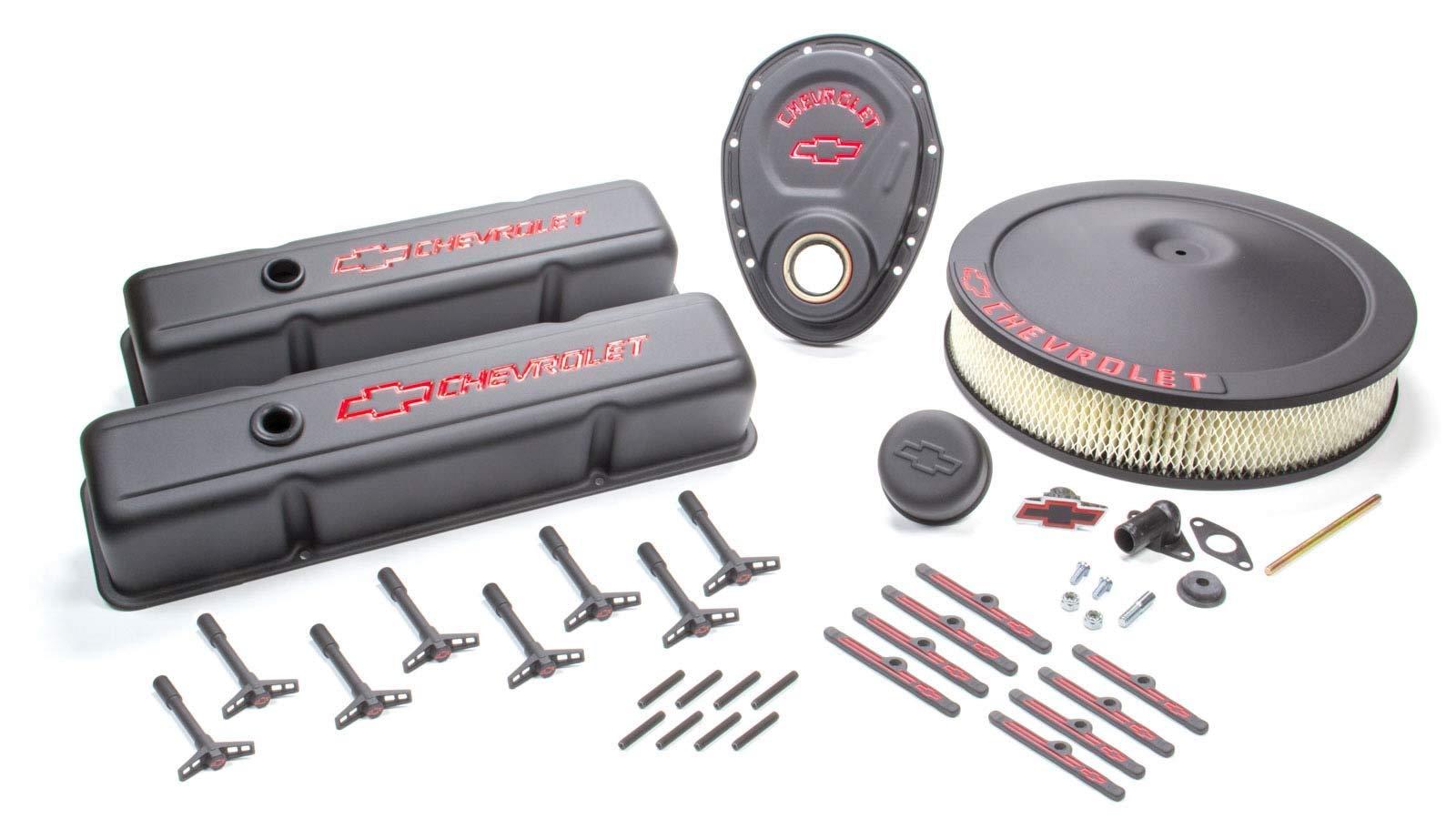 PROFORM 141-758 Black Crinkle Engine Dress-Up Kit with Red Chevrolet/Bowtie Logo for Small Block Chevy - High quality product image showing PROFORM 141-758 Black Crinkle Engine Dress-Up Kit with Red Chevrolet/Bowtie Logo for Small Block Chevy details and features