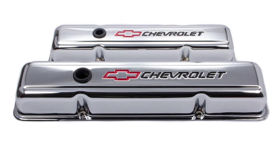 PROFORM 141-899 Valve Cover; Small Block Chevy; Short Valve Cover; With Oil Fill Hole; With Baffle; Chevrolet Emblems; Chrome; Steel; 2-1/2 In Height; Set of 2 - The Twister Group Tools product