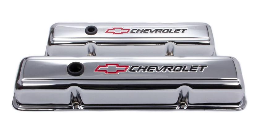 PROFORM 141-899 Valve Cover; Small Block Chevy; Short Valve Cover; With Oil Fill Hole; With Baffle; Chevrolet Emblems; Chrome; Steel; 2-1/2 In Height; Set of 2