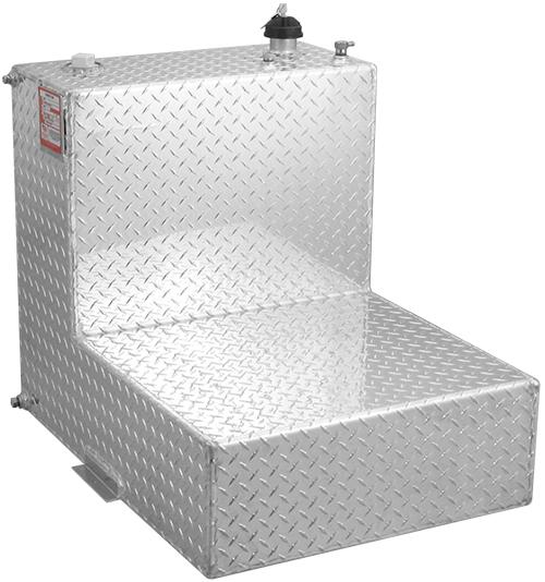 RDS 70531 Liquid Transfer Tank; DOT Approved; Gasoline or Diesel; 48 Gallon Capacity; L-Shape; 32 Inch Length x 24 Inch Width x 26 Inch Height; Diamond Tread; Aluminum; With 2 Inch Female Pipe Thread Coupling/ 3/8 Inch FTP Drain Plug