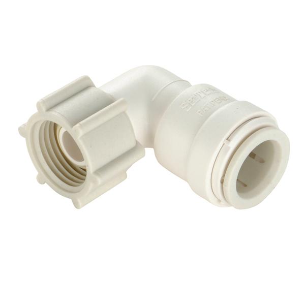 AQUALOCK 135201014 Fresh Water Fitting; AquaLock; Adapter; 1/2 Inch Female Quick Connect Copper Tube End x 3/4 Inch Female Garden Hose Thread Swivel End Nut; 90 Degree Elbow; Off-White; Polysulfone (High Performance Thermal Plastic); Single