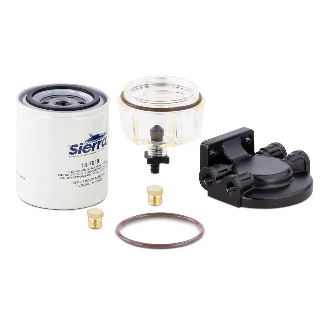 SIERRA 18-7932-1 RACOR STYLE FUEL WATER SEPARATOR, 10 Micron Element; Aluminum Housing; 1/4 Inch Inlet/Outlet Size; With Fuel Water Separator/ Mounting Bracket/ Two 1/4 Inch Pipe Plugs/ AquaVue Collection Bowl - The Twister Group Tools product
