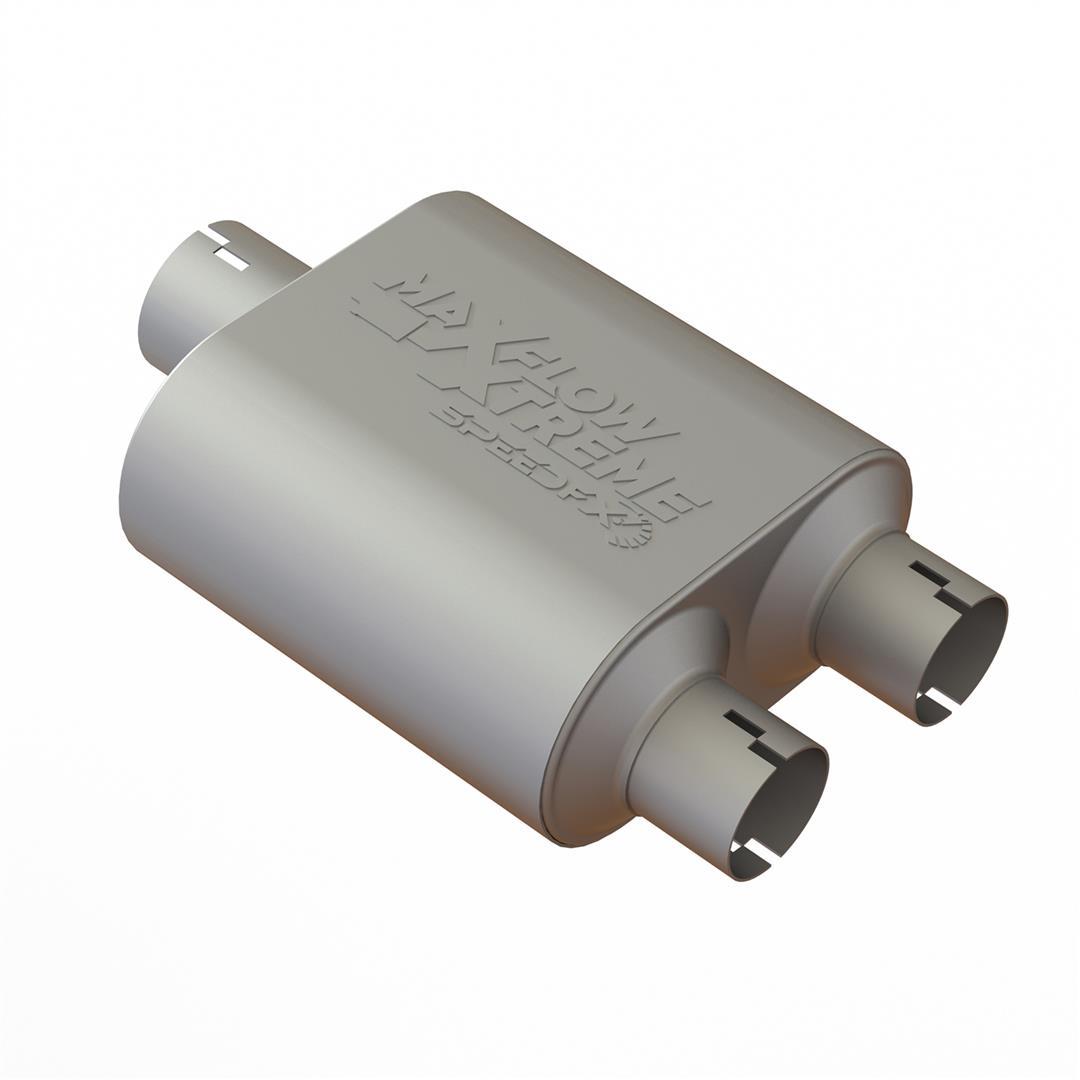 SPEEDFX 50301M2 Exhaust Muffler; MaxFlow Xtreme Muffler; 304 Stainless Steel; All 304 Stainless Internals; Chambered; Single Inlet 3 Inch Diameter; Dual Outlet 2-1/2 Inch Diameter; Rich Aggressive Tone; 16 Inch Overall length - High quality product image showing SPEEDFX 50301M2 Exhaust Muffler; MaxFlow Xtreme Muffler; 304 Stainless Steel; All 304 Stainless Internals; Chambered; Single Inlet 3 Inch Diameter; Dual Outlet 2-1/2 Inch Diameter; Rich Aggressive Tone; 16 Inch Overall length details and features