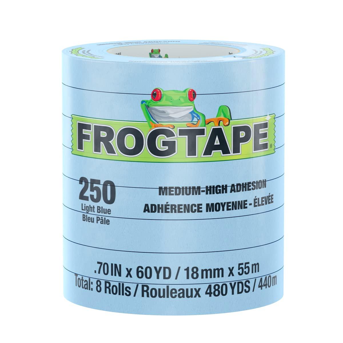 FROGTAPE 105326 250 Light Blue Moderate Temperature Performance Grade Masking Tape, Medium-High Adhesion, 18mm x 55m, 8 rolls per pack - High quality product image showing FROGTAPE 105326 250 Light Blue Moderate Temperature Performance Grade Masking Tape, Medium-High Adhesion, 18mm x 55m, 8 rolls per pack details and features