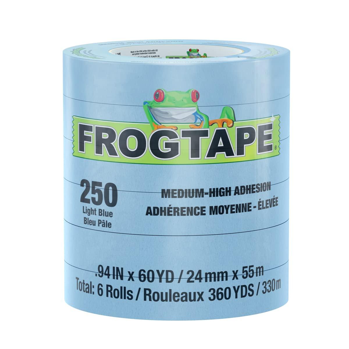 FROGTAPE 105327 FROGTAPE 250 Light Blue Moderate Temperature Performance Grade Masking Tape, Medium-High Adhesion, 24mm x 55m, 6 Rolls per Pack - High quality product image showing FROGTAPE 105327 FROGTAPE 250 Light Blue Moderate Temperature Performance Grade Masking Tape, Medium-High Adhesion, 24mm x 55m, 6 Rolls per Pack details and features