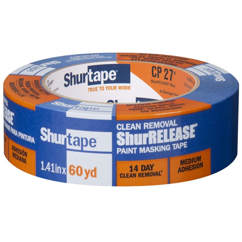 SHURTAPE 202879 CP 27 14-Day ShurRELEASE Painters Tape, Multi-Surface, 36mm x 55m, Blue, 1 Roll