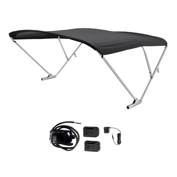 TAYLOR MADE 2021133086 SURESHADE BATTERY POWERED BIMINI, FIts Pontoon Boats; 3 Bow Square Tube Aluminum; Clear Anodized Frame; 20 Volt Battery Power; 10 Foot Canvas Length x 92 Inch To 102 Inch Adjustable Width; Black Canvas; UV Resistant Fabric - The Twister Group Tools product