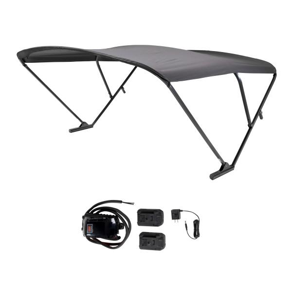 TAYLOR MADE 2021133087 SURESHADE BATTERY POWERED BIMINI, FIts Pontoon Boats; 3 Bow Square Tube Aluminum; Black Anodized Frame; 20 Volt Battery Power; 10 Foot Canvas Length x 92 Inch To 102 Inch Adjustable Width; Black Canvas; UV Resistant Fabric - The Twister Group Tools product