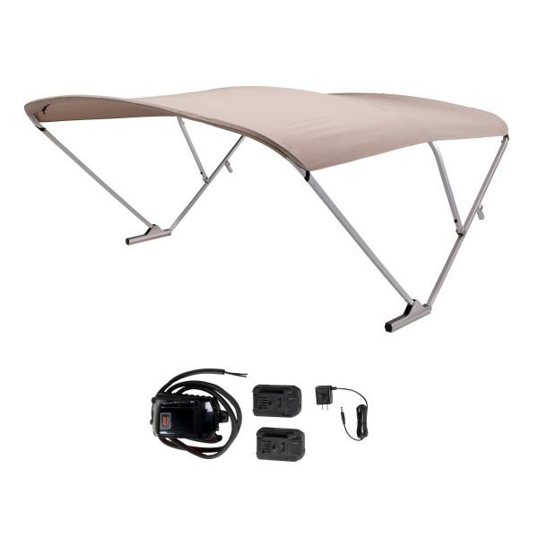 TAYLOR MADE 2021133088 SURESHADE BATTERY POWERED BIMINI, FIts Pontoon Boats; 3 Bow Square Tube Aluminum; Clear Anodized Frame; 20 Volt Battery Power; 10 Foot Canvas Length x 92 Inch To 102 Inch Adjustable Width; Beige Canvas; UV Resistant Fabric - The Twister Group Tools product