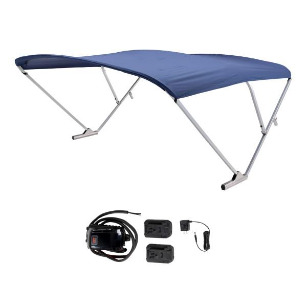 TAYLOR MADE 2021133094 SURESHADE BATTERY POWERED BIMINI, FIts Pontoon Boats; 3 Bow Square Tube Aluminum; Clear Anodized Frame; 20 Volt Battery Power; 10 Foot Canvas Length x 92 Inch To 102 Inch Adjustable Width; Navy Canvas; UV Resistant Fabric - The Twister Group Tools product