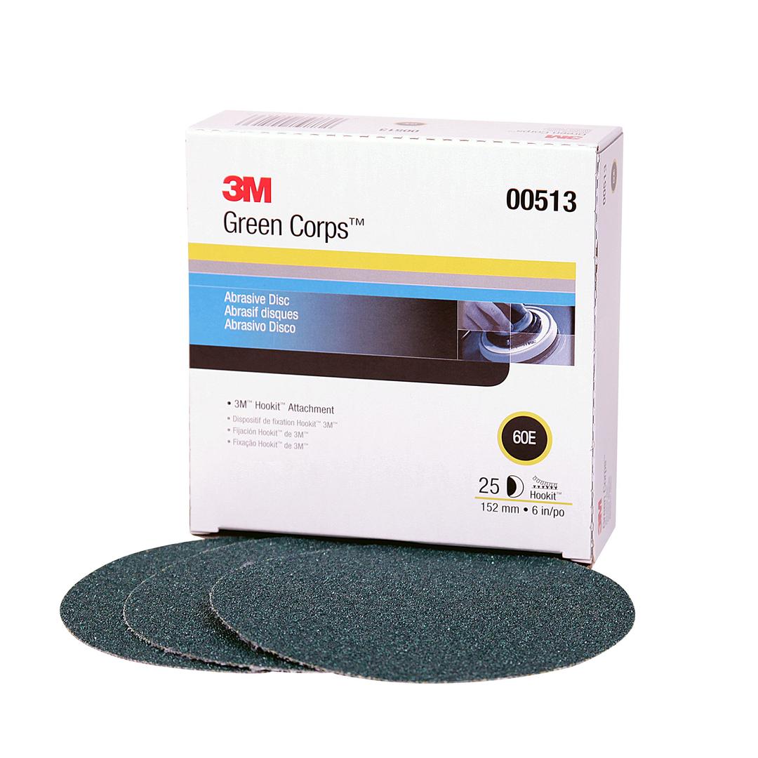 3M 00513 Green Corps Hookit Sanding Discs, No Hole, 6 in, 60+ Grade, Pack of 25 Production Discs, for Coating Removal, Metal Surfaces, Auto Sanding - The Twister Group product