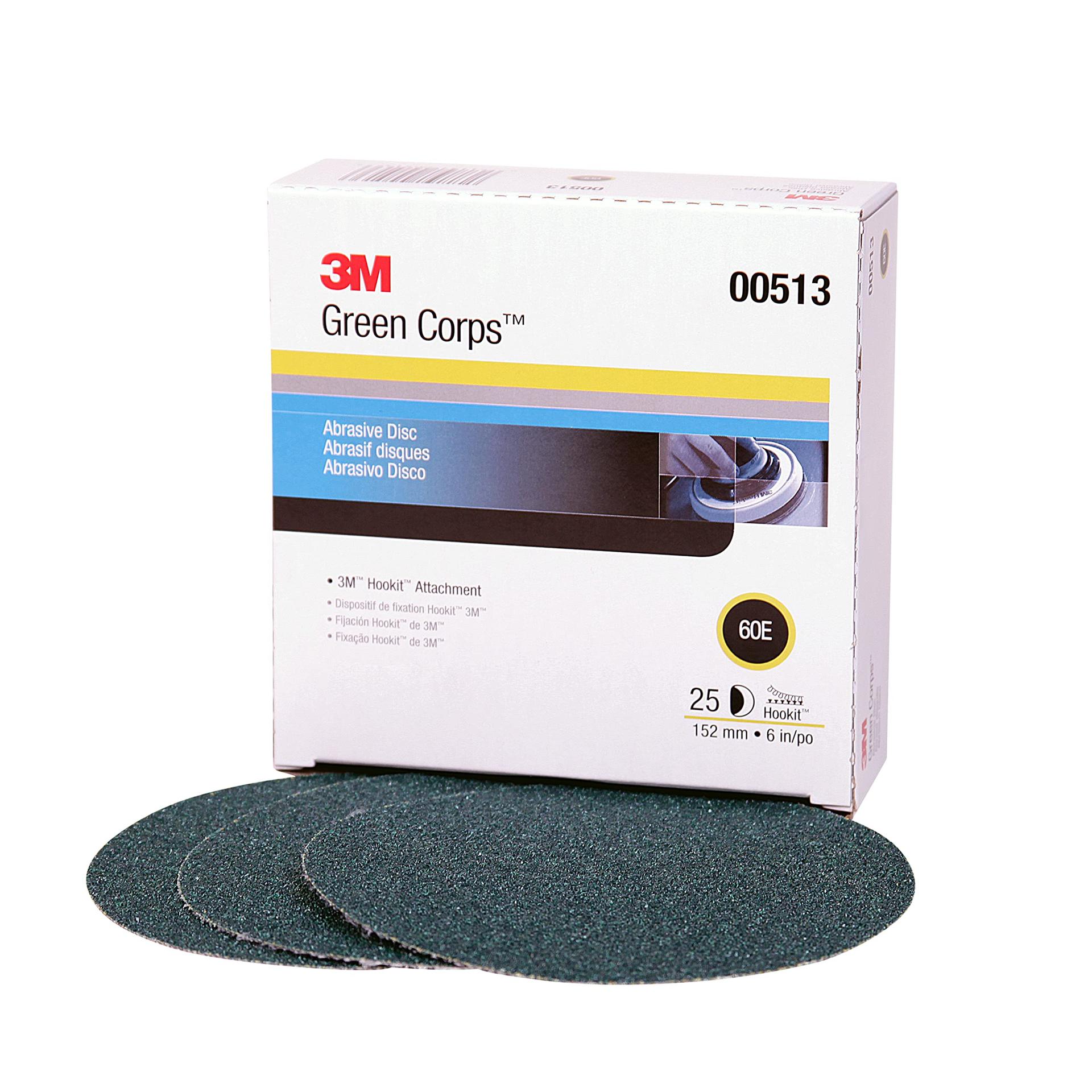 3M 00513 Green Corps Hookit Sanding Discs, No Hole, 6 in, 60+ Grade, Pack of 25 Production Discs, for Coating Removal, Metal Surfaces, Auto Sanding - High quality product image showing 3M 00513 Green Corps Hookit Sanding Discs, No Hole, 6 in, 60+ Grade, Pack of 25 Production Discs, for Coating Removal, Metal Surfaces, Auto Sanding details and features