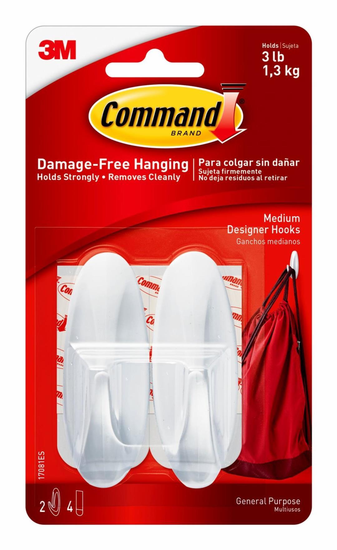 3M 17081ES Set of 2 Multi Purpose Hook; Command; Designer Hook; Medium Size; White; With Two Hook/ Four Strip - High quality product image showing 3M 17081ES Set of 2 Multi Purpose Hook; Command; Designer Hook; Medium Size; White; With Two Hook/ Four Strip details and features