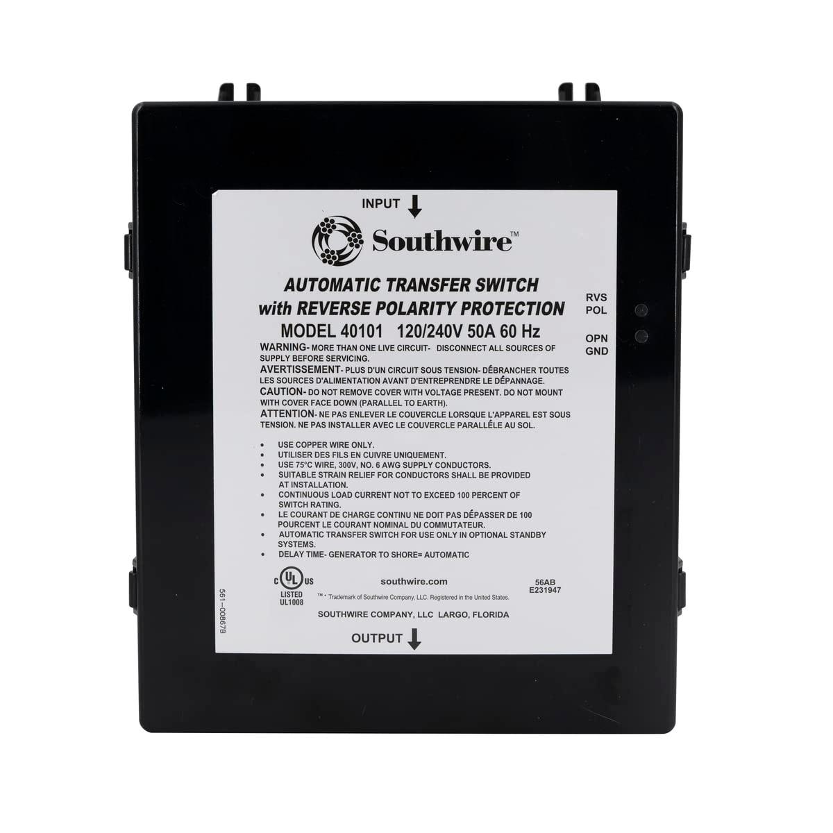 SOUTHWIRE 40101-001 Power Transfer Switch; Transfer Power Between Shore And RV Generator; Automatic; 120/ 240 Volt; 50 Amps; 8.48 Inch Width x 10-3/4 Inch Height x 5.19 Inch Depth; Protects Against Reverse Polarity And Open Ground Protection - High quality product image showing SOUTHWIRE 40101-001 Power Transfer Switch; Transfer Power Between Shore And RV Generator; Automatic; 120/ 240 Volt; 50 Amps; 8.48 Inch Width x 10-3/4 Inch Height x 5.19 Inch Depth; Protects Against Reverse Polarity And Open Ground Protection details and features