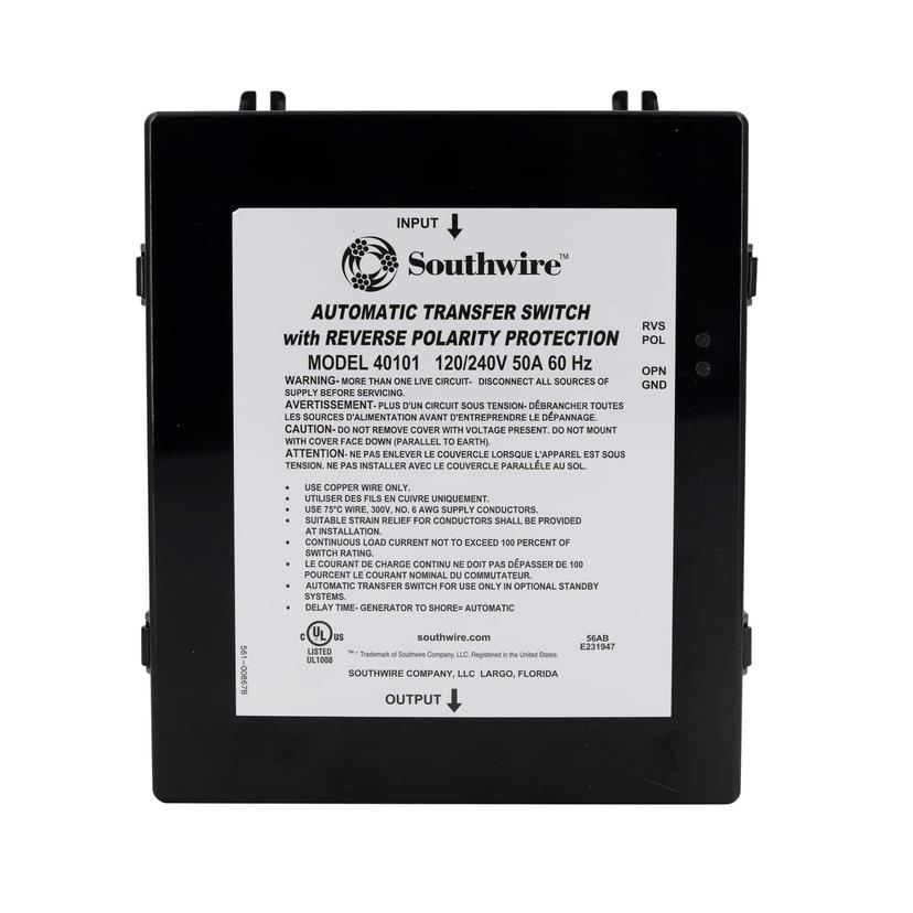 SOUTHWIRE 40101-001 Power Transfer Switch; Transfer Power Between Shore And RV Generator; Automatic; 120/ 240 Volt; 50 Amps; 8.48 Inch Width x 10-3/4 Inch Height x 5.19 Inch Depth; Protects Against Reverse Polarity And Open Ground Protection