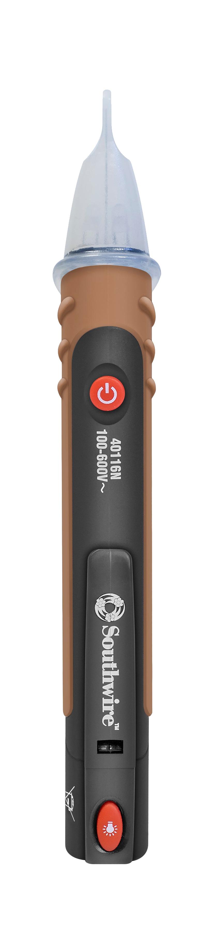 SOUTHWIRE 40116N NC VOLTAGE DETECTOR 100-600V, Green LED/ Red LED Display; 100 To 600 Volt AC Current; 50/60 Hertz; 14 Degree F to 140 Degree F Storage/ 32 Degree F to 104 Degree F Operating Temperature; Thinner Probe Tip