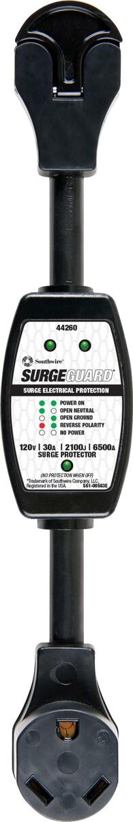 SOUTHWIRE 44260 30A SURGE PROTECTOR, Use To Identify Faulty Park Power Plus Offers Surge Protection/ Analyze Circuits To Verify Pedestal Power; Portable; 30 Amp; With Fault Indicator Light; Easy-T-Pull Handles; Corrosion Resistant