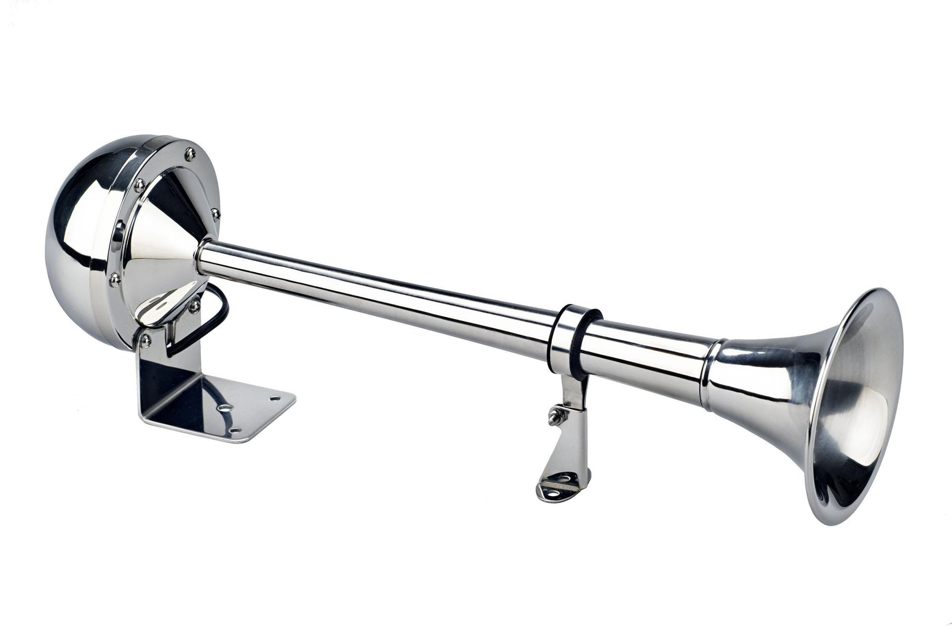 WOLO 115 The Persuader Stainless Steel Single Trumpet Horn - 12 Volt, High Tone, Chrome - High quality product image showing WOLO 115 The Persuader Stainless Steel Single Trumpet Horn - 12 Volt, High Tone, Chrome details and features