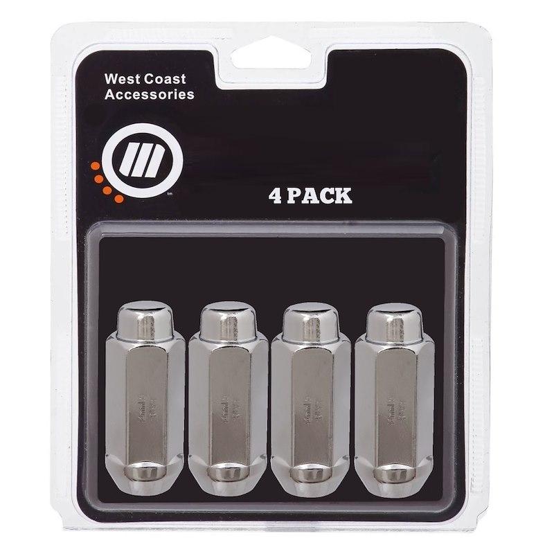 WC WHEEL W4-1012L Lug Nut; 1/2 Inch x 20 Right Hand Thread Size; 60 Degree Conical; Extra Long; 1.90 Inch/ 48.2 Millimeter Overall Length; 3/4 Inch Hex Size; Chrome Plated; Steel; Set Of 4