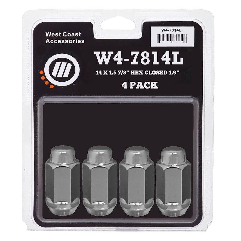 WC WHEEL W4-7814L Lug Nut; 14 x 1.5 Millimeter Thread Size; 60 Degree Conical Bulge; Acorn Extra Long; 1.90 Inch/ 48.2 Millimeter Overall Length; 7/8 Inch Hex Size; Chrome Plated; Steel; Pack Of 4