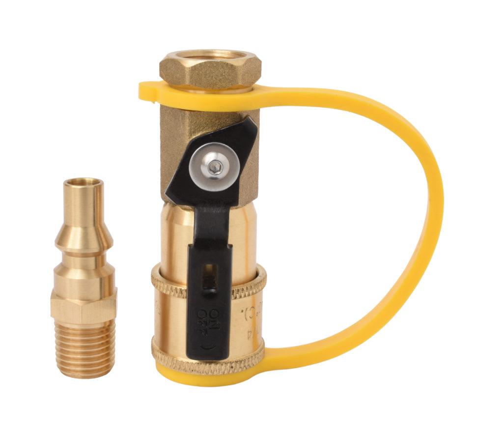 FLAME KING AB226 1/4 INCH RV Propane Quick Connect Adapter for Propane Hose, Propane or Natural Gas 1/4 INCH Quick Connect or Disconnect Kit - Shutoff Valve & Full Flow Plug - 100% Solid Brass - High quality product image showing FLAME KING AB226 1/4 INCH RV Propane Quick Connect Adapter for Propane Hose, Propane or Natural Gas 1/4 INCH Quick Connect or Disconnect Kit - Shutoff Valve & Full Flow Plug - 100% Solid Brass details and features