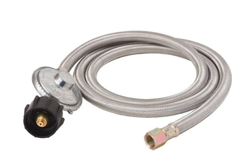 FLAME KING SSQCC38 SS-QCC-3/8 5-FT Universal QCC1 Low-Pressure Propane Regulator with Stainless Steel Braided Hose for Most LP Gas Grills, Heaters, and Fire Pit Tables, 3/8 INCH Female Flare Nut, Steel