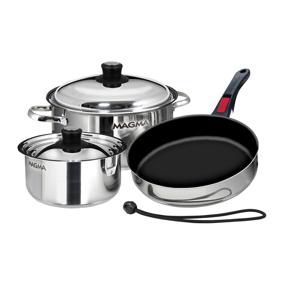 MAGMA A10-363-2-IND NESTING 7-PIECE INDUCTION COMPATIBLE COOKWARE - STAINLESS STEEL EXTERIOR & SLATE BLACK CERAMICA NON-STICK INTERIOR - High quality product image showing MAGMA A10-363-2-IND NESTING 7-PIECE INDUCTION COMPATIBLE COOKWARE - STAINLESS STEEL EXTERIOR & SLATE BLACK CERAMICA NON-STICK INTERIOR details and features