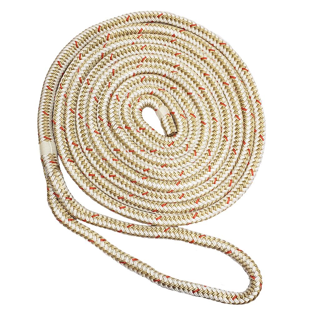 NEW ENGLAND ROPES C5059-12-00015 3/8 INCH X 15FT NYLON DOUBLE BRAID DOCK LINE - WHITE/GOLD W/TRACER - High quality product image showing NEW ENGLAND ROPES C5059-12-00015 3/8 INCH X 15FT NYLON DOUBLE BRAID DOCK LINE - WHITE/GOLD W/TRACER details and features