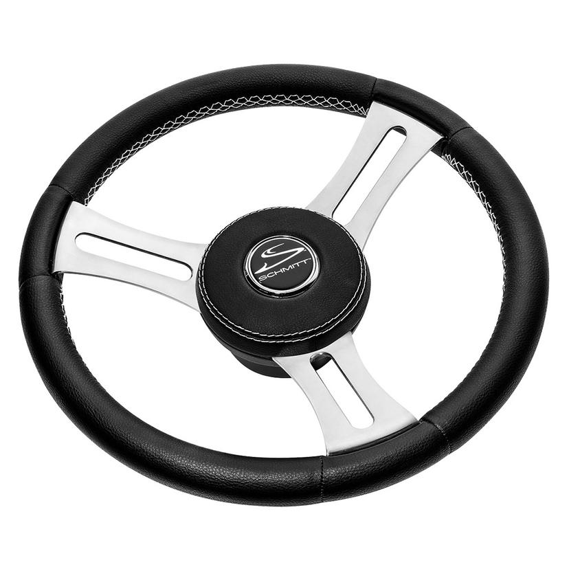SCHMITT MARINE PU085241 TORCELLO ELITE 14 INCH WHEEL - BLACK LEATHER & CAP - WHITE STITCHING - POLISHED SS SPOKES - 3/4 INCH TAPERED SHAFT