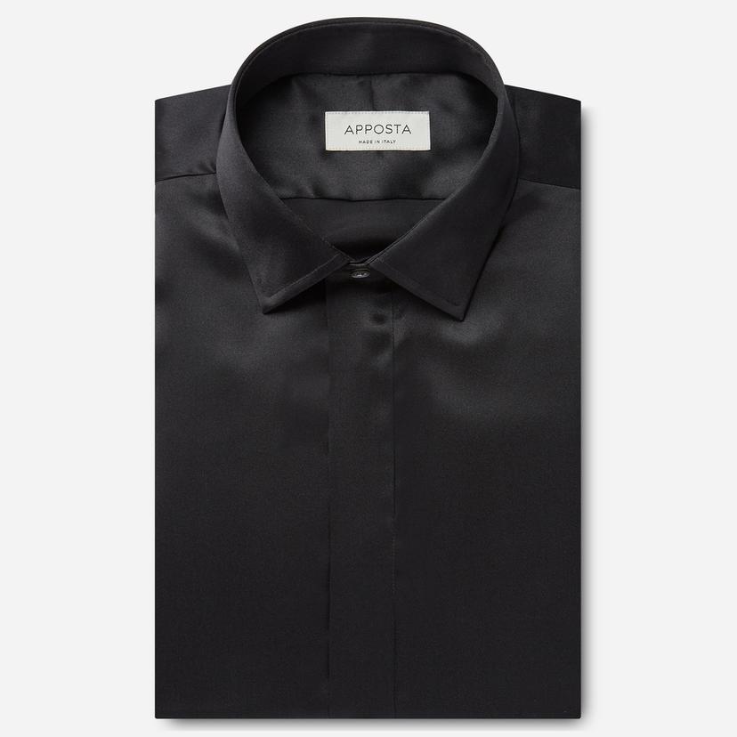 Shirt solid black silk poplin, collar style updated straight point collar with short points, cuff french cuff (cufflinks) Shirt solid black silk poplin, collar style updated straight point collar with short points, cuff french cuff (cufflinks)