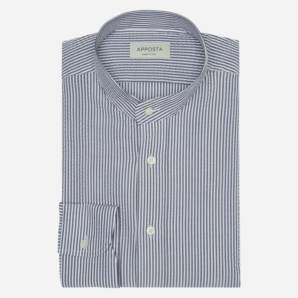 Shirt striped navy blue cotton seersucker, collar style band collar - High quality product image showing Shirt striped navy blue cotton seersucker, collar style band collar details and features Shirt striped navy blue cotton seersucker, collar style band collar - High quality product image showing Shirt striped navy blue cotton seersucker, collar style band collar details and features
