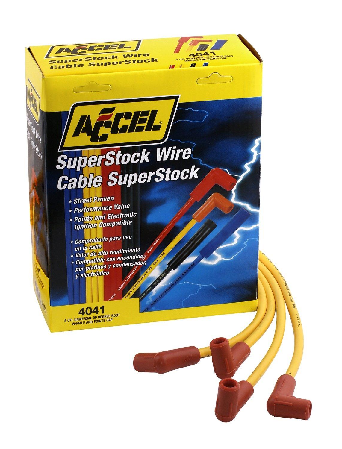 ACCEL 4041 Spark Plug Wire Set - 8mm - Yellow with Orange 90 Degree Boots - High quality product image showing ACCEL 4041 Spark Plug Wire Set - 8mm - Yellow with Orange 90 Degree Boots details and features ACCEL 4041 Spark Plug Wire Set - 8mm - Yellow with Orange 90 Degree Boots - High quality product image showing ACCEL 4041 Spark Plug Wire Set - 8mm - Yellow with Orange 90 Degree Boots details and features