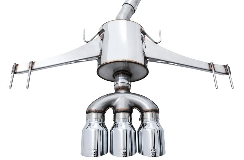 AWE 3015-52004 Exhaust System Kit; Touring Edition Cat-Back System; Stainless Steel; Without Muffler; Single Exhaust With Triple Exit; Rear Exit; 4.5 Inch Chrome Silver Tip; With Front Pipe AWE 3015-52004 Exhaust System Kit; Touring Edition Cat-Back System; Stainless Steel; Without Muffler; Single Exhaust With Triple Exit; Rear Exit; 4.5 Inch Chrome Silver Tip; With Front Pipe