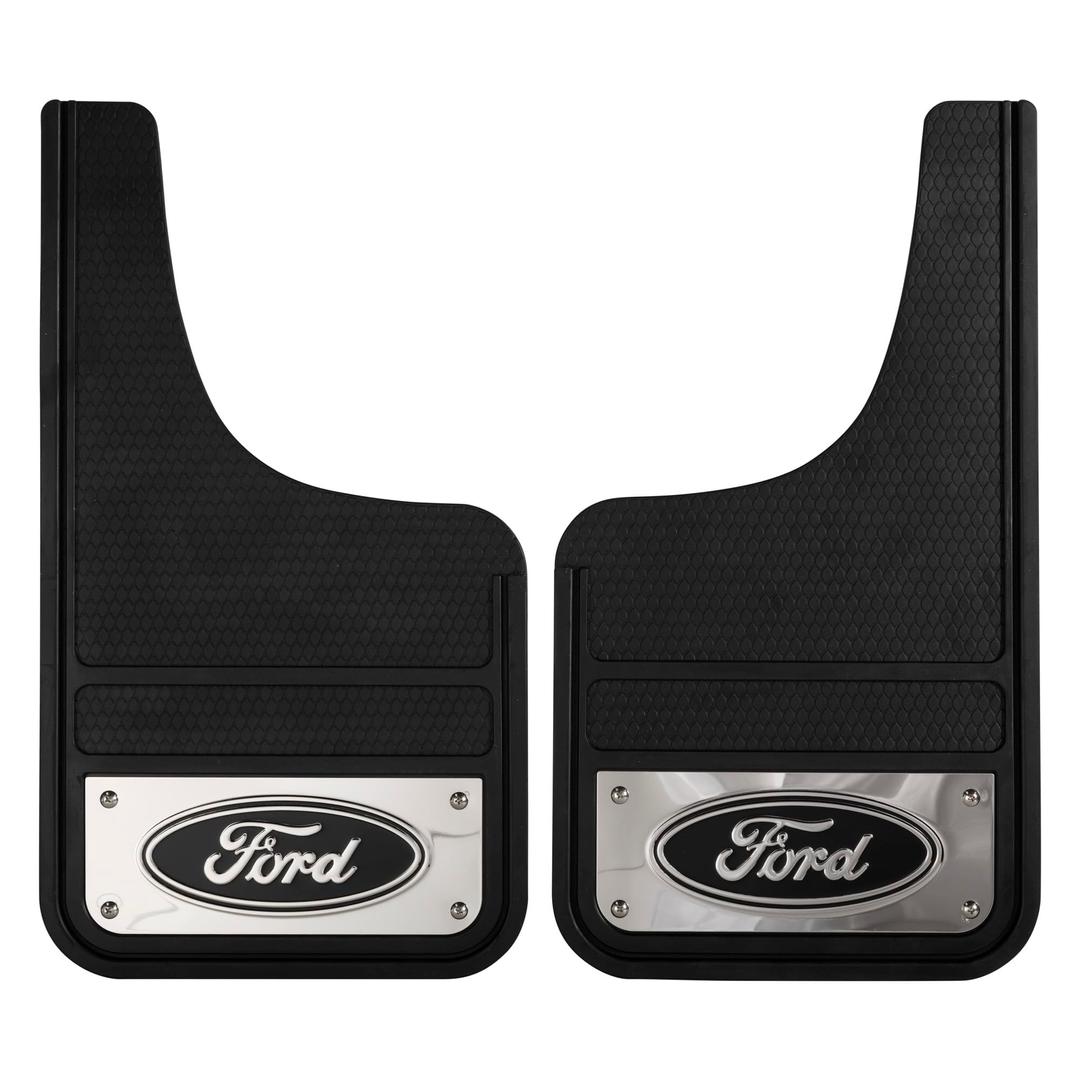 PLASTICOLOR 001837R01 Ford Oval Chrome Plated Heavy-Duty Black Front 12 x 22 Mud Guard Set from The Twister Group PLASTICOLOR 001837R01 Ford Oval Chrome Plated Heavy-Duty Black Front 12 x 22 Mud Guard Set - The Twister Group product
