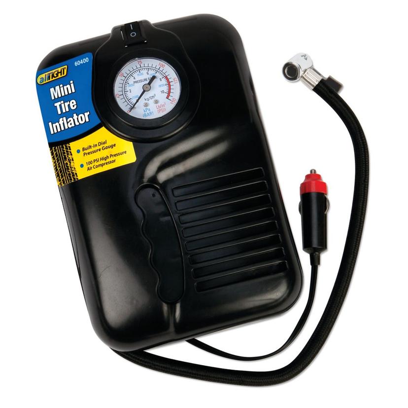 PERFORM TOOL 60400 TIRE INFLATOR, Electric Pump; 100 Pounds Per Square Inch Range; With Analog Gauge; 17-1/2 Inch Hose Length; Black; With Sports Ball Needle/ Raft And Toy Inflator Nozzles And Presta Valve Adapter; 12 Volts Power Plug; 9 Foot Power Cord PERFORM TOOL 60400 TIRE INFLATOR, Electric Pump; 100 Pounds Per Square Inch Range; With Analog Gauge; 17-1/2 Inch Hose Length; Black; With Sports Ball Needle/ Raft And Toy Inflator Nozzles And Presta Valve Adapter; 12 Volts Power Plug; 9 Foot Power Cord