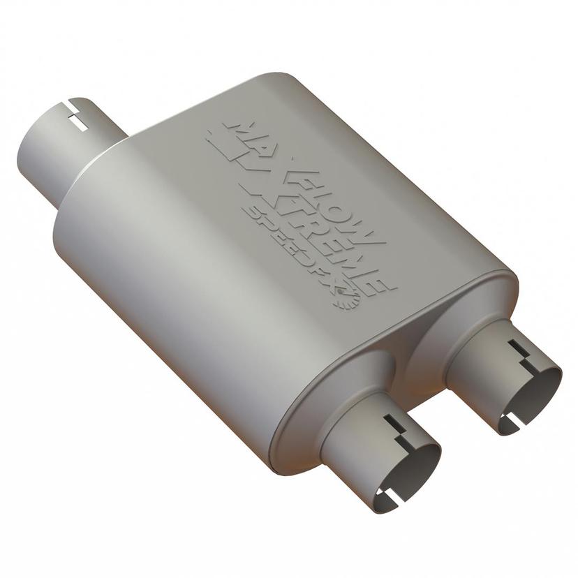 SPEEDFX 50100M2 Exhaust Muffler; MaxFlow Xtreme Muffler; 304 Stainless Steel; All 304 Stainless Internals; Chambered; Single Inlet 3 Inch Diameter; Dual Outlet 2-1/2 Inch Diameter; Rich Aggressive Tone; 16 Inch Overall Length SPEEDFX 50100M2 Exhaust Muffler; MaxFlow Xtreme Muffler; 304 Stainless Steel; All 304 Stainless Internals; Chambered; Single Inlet 3 Inch Diameter; Dual Outlet 2-1/2 Inch Diameter; Rich Aggressive Tone; 16 Inch Overall Length