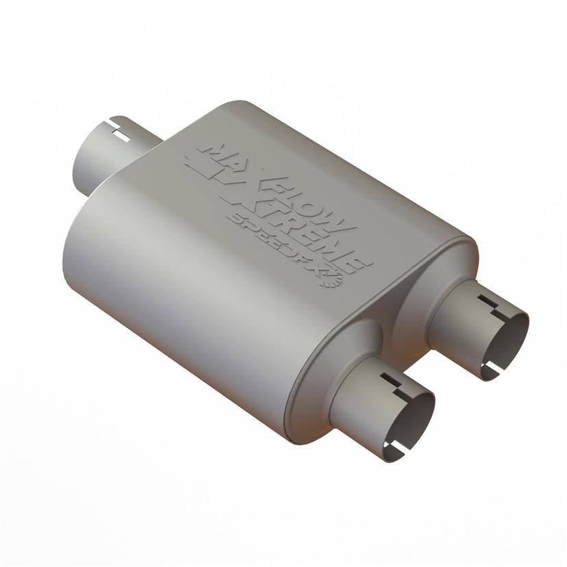 SPEEDFX 50301M2 Exhaust Muffler; MaxFlow Xtreme Muffler; 304 Stainless Steel; All 304 Stainless Internals; Chambered; Single Inlet 3 Inch Diameter; Dual Outlet 2-1/2 Inch Diameter; Rich Aggressive Tone; 16 Inch Overall length SPEEDFX 50301M2 Exhaust Muffler; MaxFlow Xtreme Muffler; 304 Stainless Steel; All 304 Stainless Internals; Chambered; Single Inlet 3 Inch Diameter; Dual Outlet 2-1/2 Inch Diameter; Rich Aggressive Tone; 16 Inch Overall length