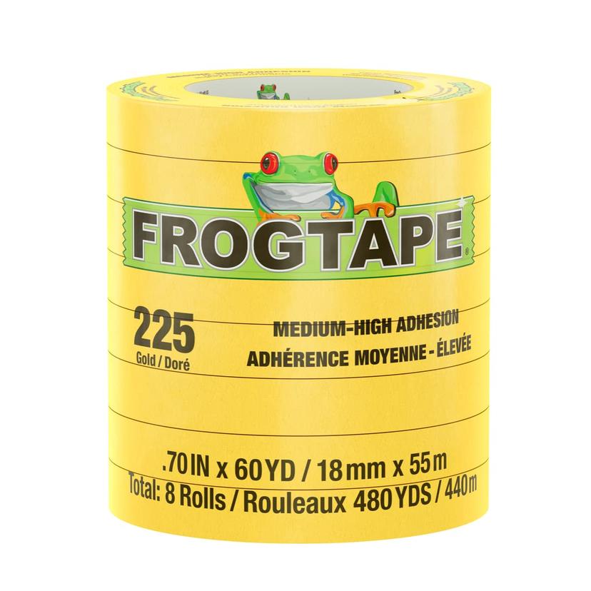 FROGTAPE 105319 225 Gold Moderate Temperature Performance Grade Masking Tape, Medium-High Adhesion, 18mm x 55m, 8 rolls per pack FROGTAPE 105319 225 Gold Moderate Temperature Performance Grade Masking Tape, Medium-High Adhesion, 18mm x 55m, 8 rolls per pack