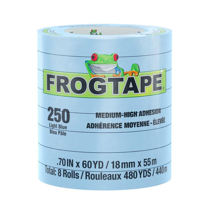 FROGTAPE 105326 250 Light Blue Moderate Temperature Performance Grade Masking Tape, Medium-High Adhesion, 18mm x 55m, 8 rolls per pack FROGTAPE 105326 250 Light Blue Moderate Temperature Performance Grade Masking Tape, Medium-High Adhesion, 18mm x 55m, 8 rolls per pack