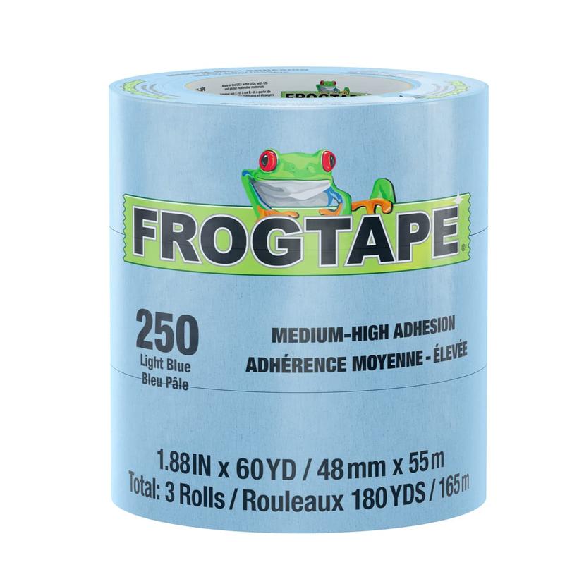 FROGTAPE 105329 250 Light Blue Moderate Temperature Performance Grade Masking Tape, Medium-High Adhesion, 48mm x 55m, 3 rolls per pack FROGTAPE 105329 250 Light Blue Moderate Temperature Performance Grade Masking Tape, Medium-High Adhesion, 48mm x 55m, 3 rolls per pack