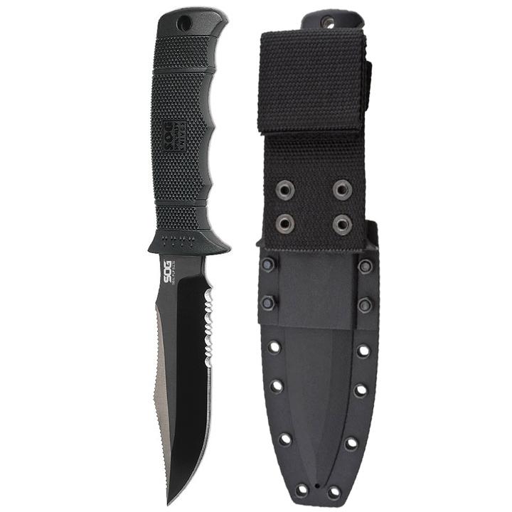 SOG E37T-K Seal Pup Elite - Fixed Serrated Blade - Kydex Sheath - Black Tini Partially Serrated Knife - High quality product image showing SOG E37T-K Seal Pup Elite - Fixed Serrated Blade - Kydex Sheath - Black Tini Partially Serrated Knife details and features SOG E37T-K Seal Pup Elite - Fixed Serrated Blade - Kydex Sheath - Black Tini Partially Serrated Knife - High quality product image showing SOG E37T-K Seal Pup Elite - Fixed Serrated Blade - Kydex Sheath - Black Tini Partially Serrated Knife details and features